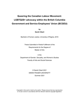 Queering the Canadian Labour Movement: LGBTQ2S+ Advocacy Within the British Columbia Government and Service Employees’ Union (BCGEU)