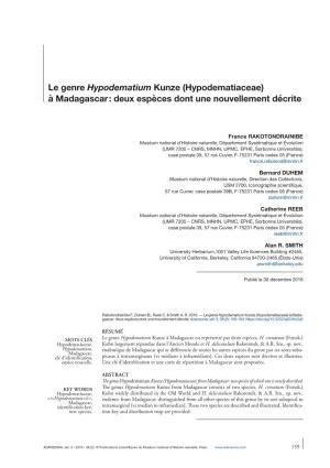 Le Genre Hypodematium Kunze (Hypodematiaceae) À Madagascar : Deux Espèces Dont Une Nouvellement Décrite