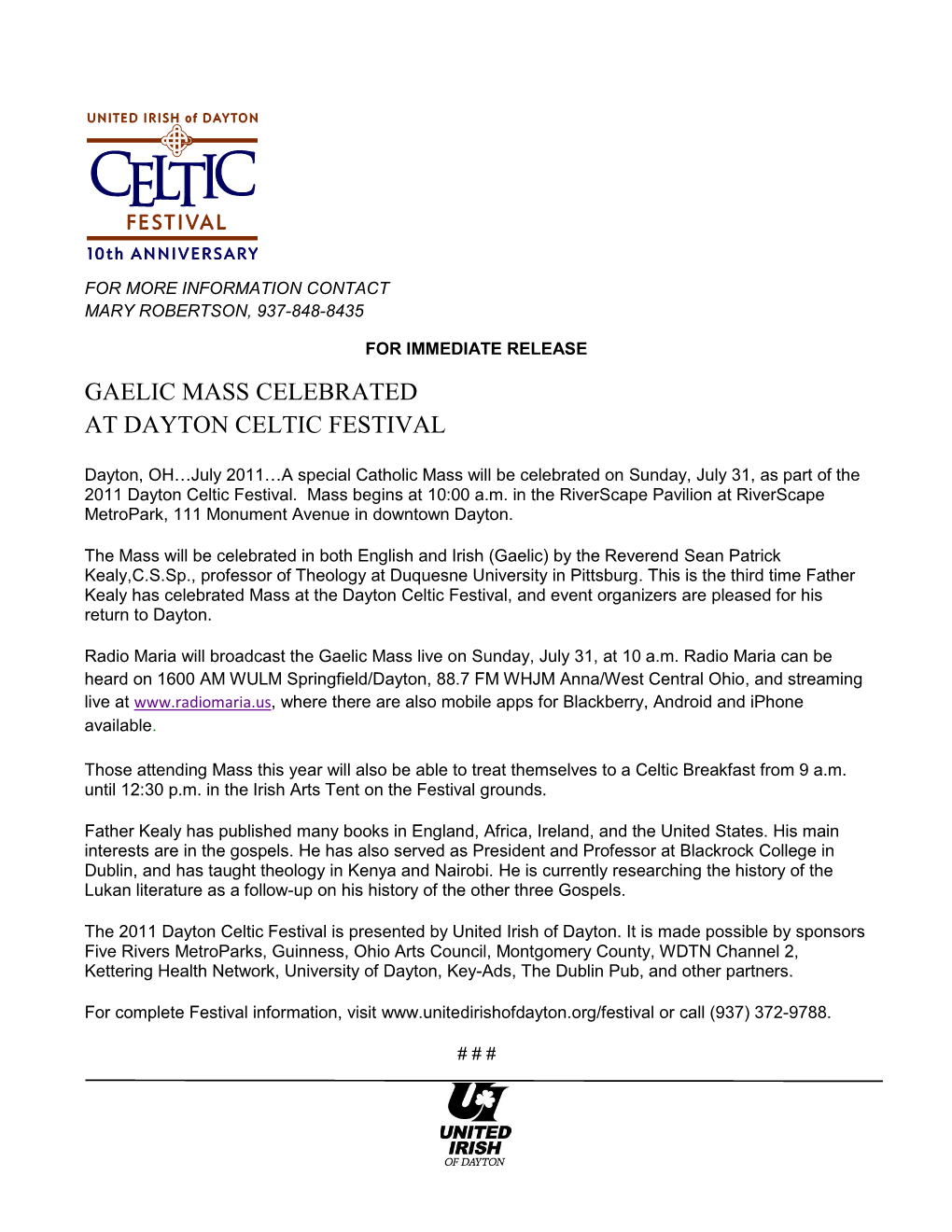 Gaelic Mass Celebrated at Dayton Celtic Festival