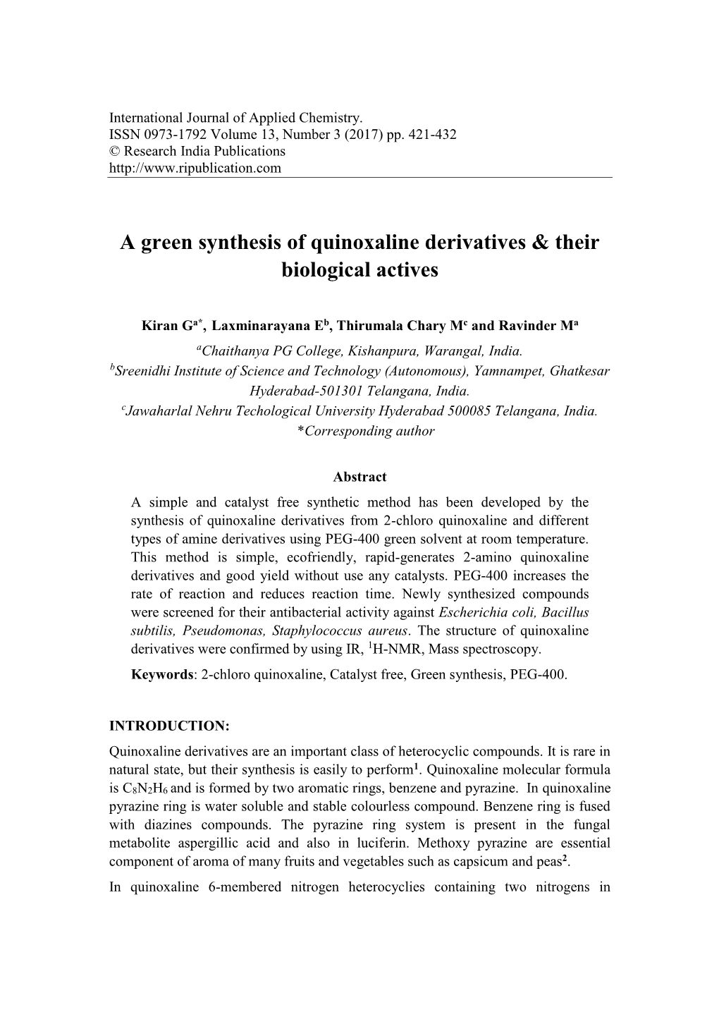 A Green Synthesis of Quinoxaline Derivatives & Their Biological Actives