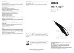 LOGIK HAIR CLIPPERS L10HC10 Manual