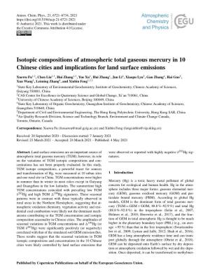 Isotopic Compositions of Atmospheric Total Gaseous Mercury in 10 Chinese Cities and Implications for Land Surface Emissions