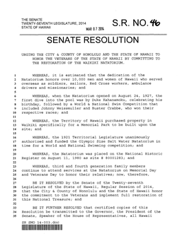S.R. No.% State of Hawaii Mar 0 7 2014 Senate Resolution