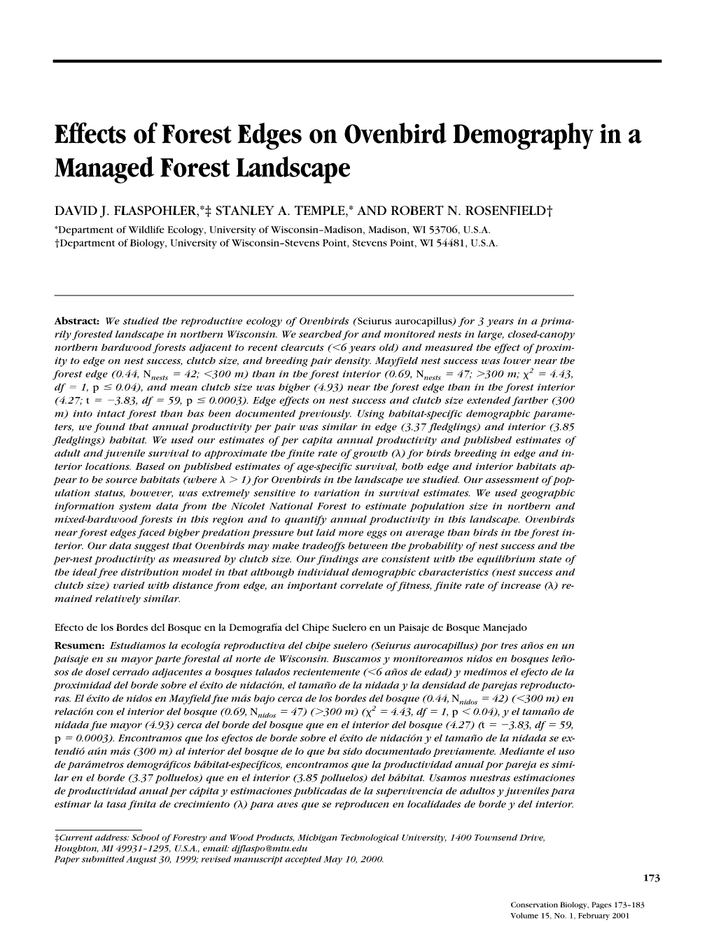 Effects of Forest Edges on Ovenbird Demography in a Managed Forest Landscape