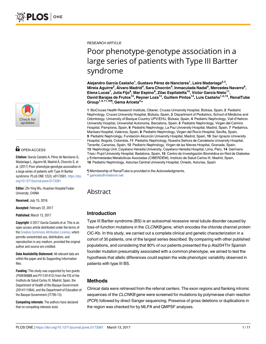 Poor Phenotype-Genotype Association in a Large Series of Patients with Type III Bartter Syndrome