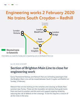 Section of Brighton Main Line to Close for Engineering Work