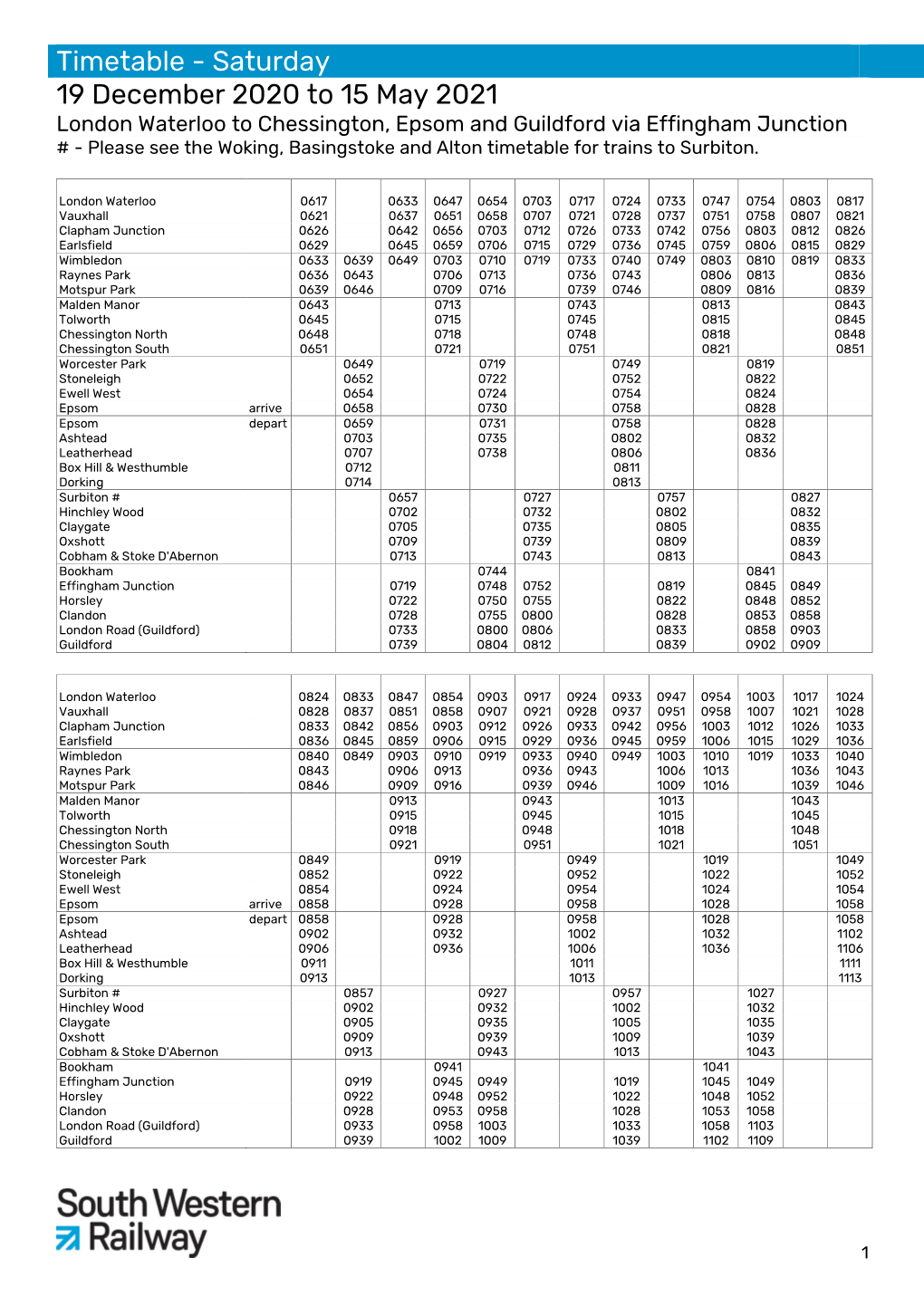 Southwest Trains Sat Timetable to May 2021