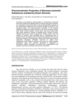 Pharmacokinetic Properties of Biomass-Extracted Substances Isolated by Green Solvents