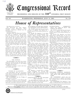 Congressional Record United States Th of America PROCEEDINGS and DEBATES of the 108 CONGRESS, FIRST SESSION