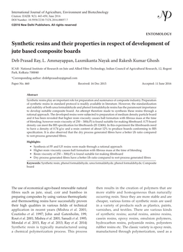 Synthetic Resins and Their Properties in Respect of Development of Jute Based Composite Boards Deb Prasad Ray, L