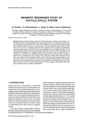 MAGNETIC RESONANCE STUDY of Zno-Fe O -Znfe O SYSTEM