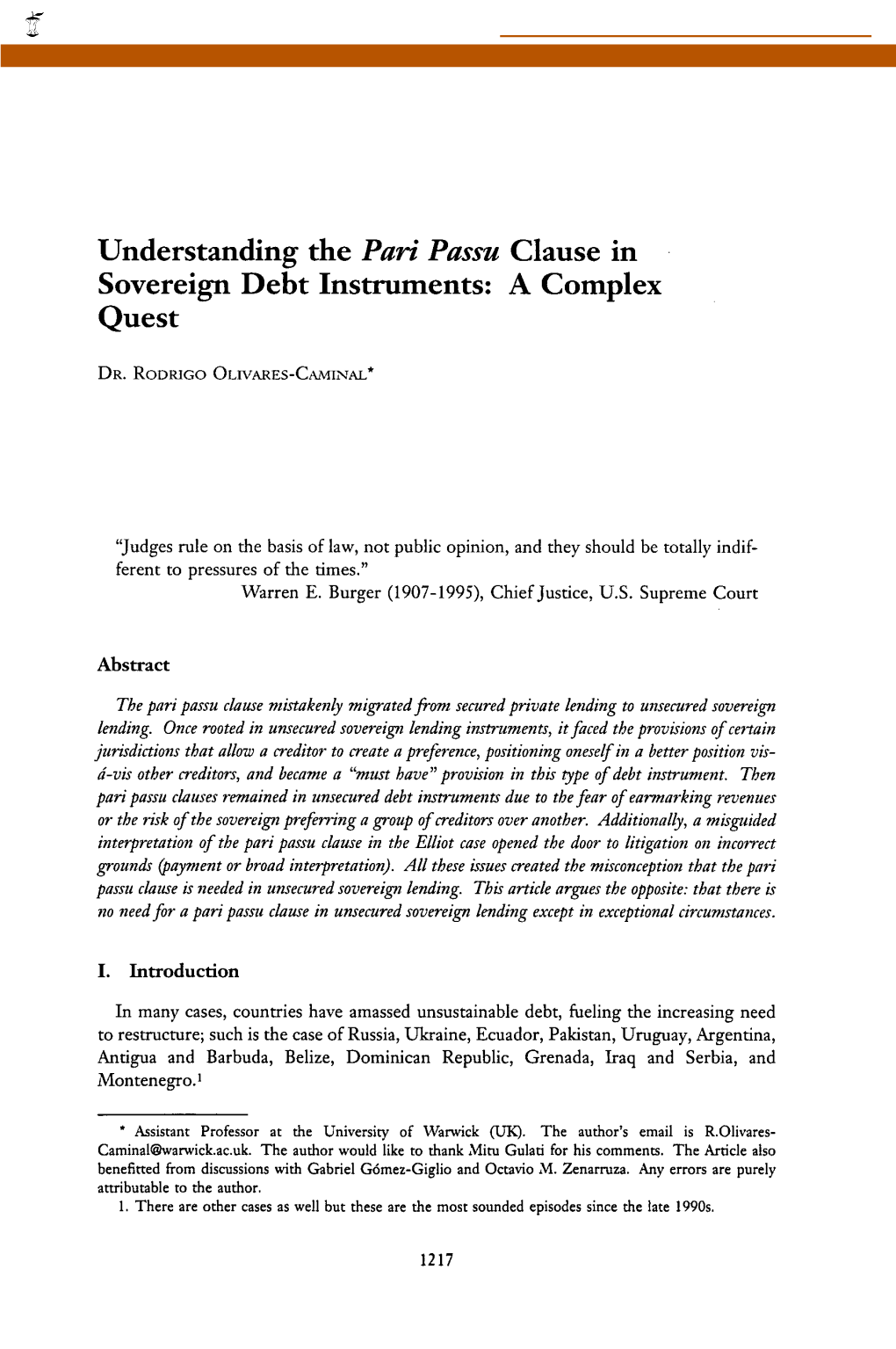 Understanding the Pari Passu Clause in Sovereign Debt Instruments: a Complex Quest