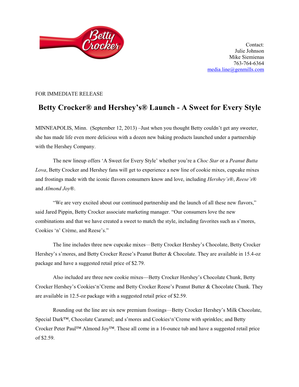 Betty Crocker® and Hershey's® Launch