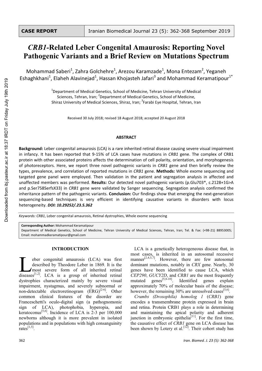 CRB1-Related Leber Congenital Amaurosis: Reporting Novel Pathogenic Variants and a Brief Review on Mutations Spectrum