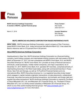 MUFG Americas Holding Corporation Raises Reference Rate