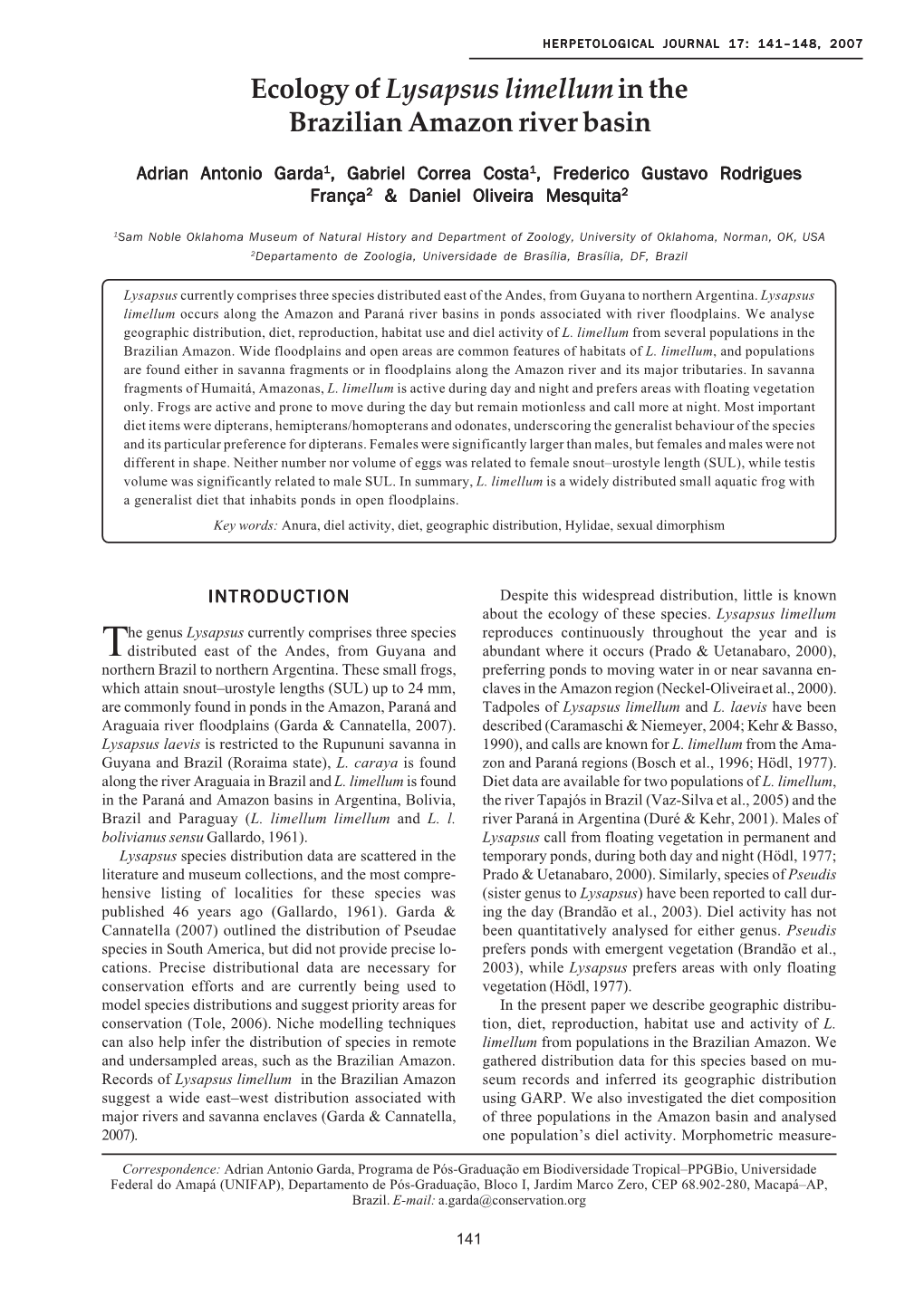 Ecology of Lysapsus Limellumin the Brazilian Amazon River Basin