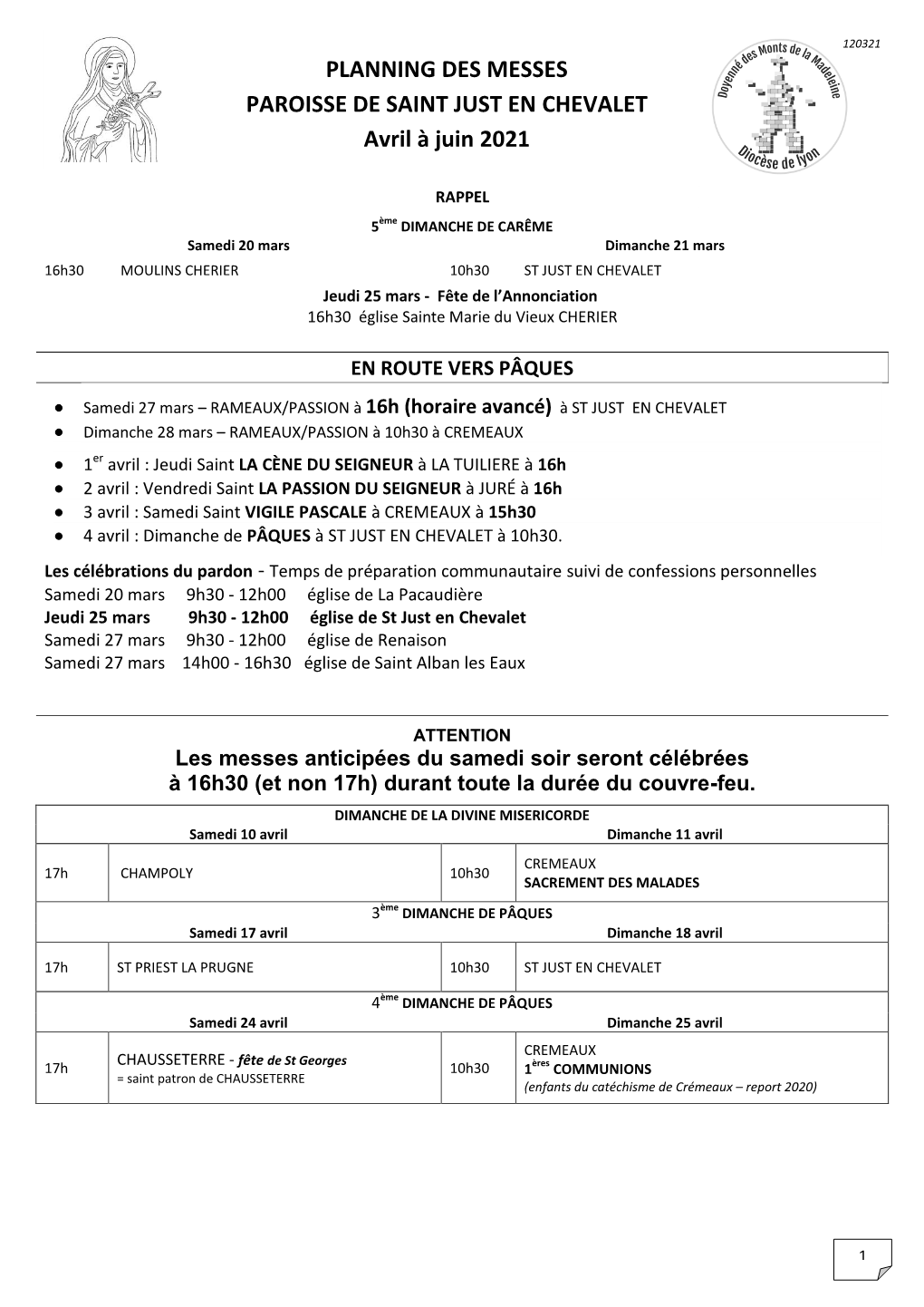 PLANNING DES MESSES PAROISSE DE SAINT JUST EN CHEVALET Avril À Juin 2021