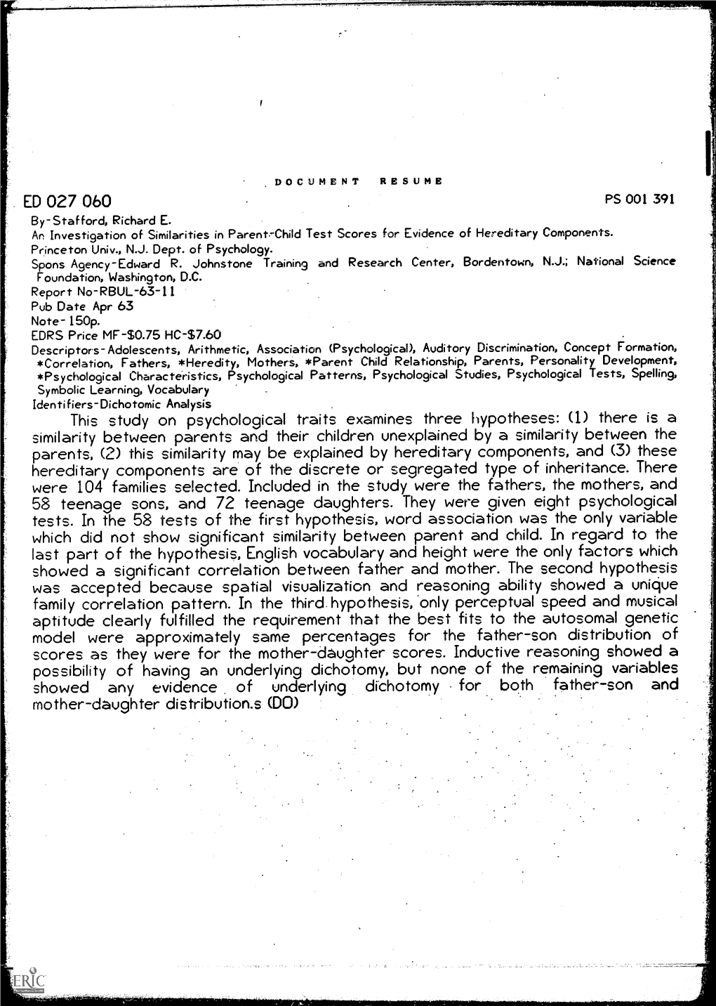 An Investigation of Similarities in Parent.- Child Test Scores for Evidence of Hereditary Components