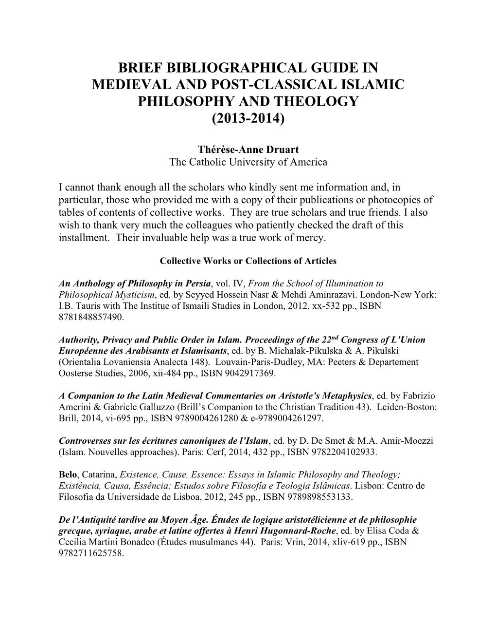 Brief Bibliographic Guide in Medieval Islamic Philosophy and Theology