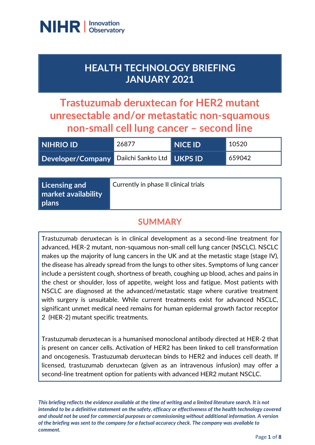 Trastuzumab Deruxtecan for HER2 Mutant Unresectable And/Or Metastatic Non-Squamous Non-Small Cell Lung Cancer – Second Line