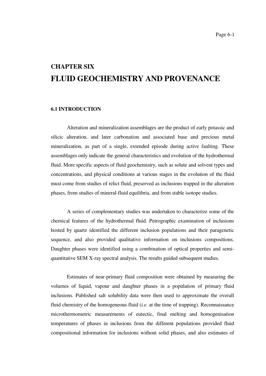 Chapter Six Fluid Geochemistry and Provenance
