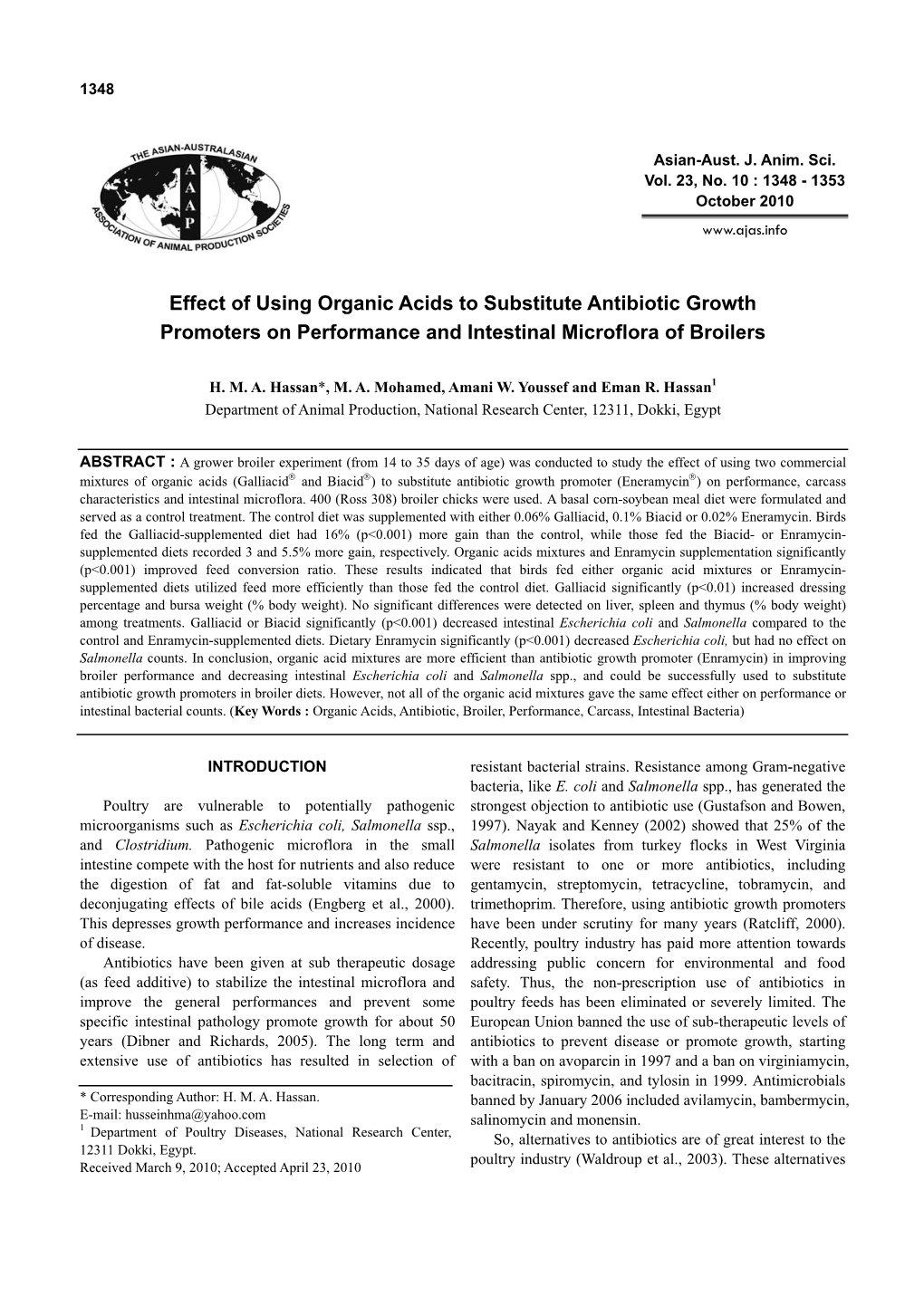 Effect of Using Organic Acids to Substitute Antibiotic Growth Promoters on Performance and Intestinal Microflora of Broilers