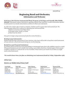 Beginning Band and Orchestra Information and Welcome