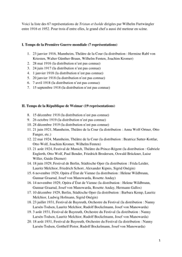 Voici La Liste Des 67 Représentations De Tristan Et Isolde Dirigées Par Wilhelm Furtwängler Entre 1916 Et 1952. Pour Trois D