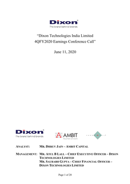 “Dixon Technologies India Limited 4QFY2020 Earnings Conference Call”