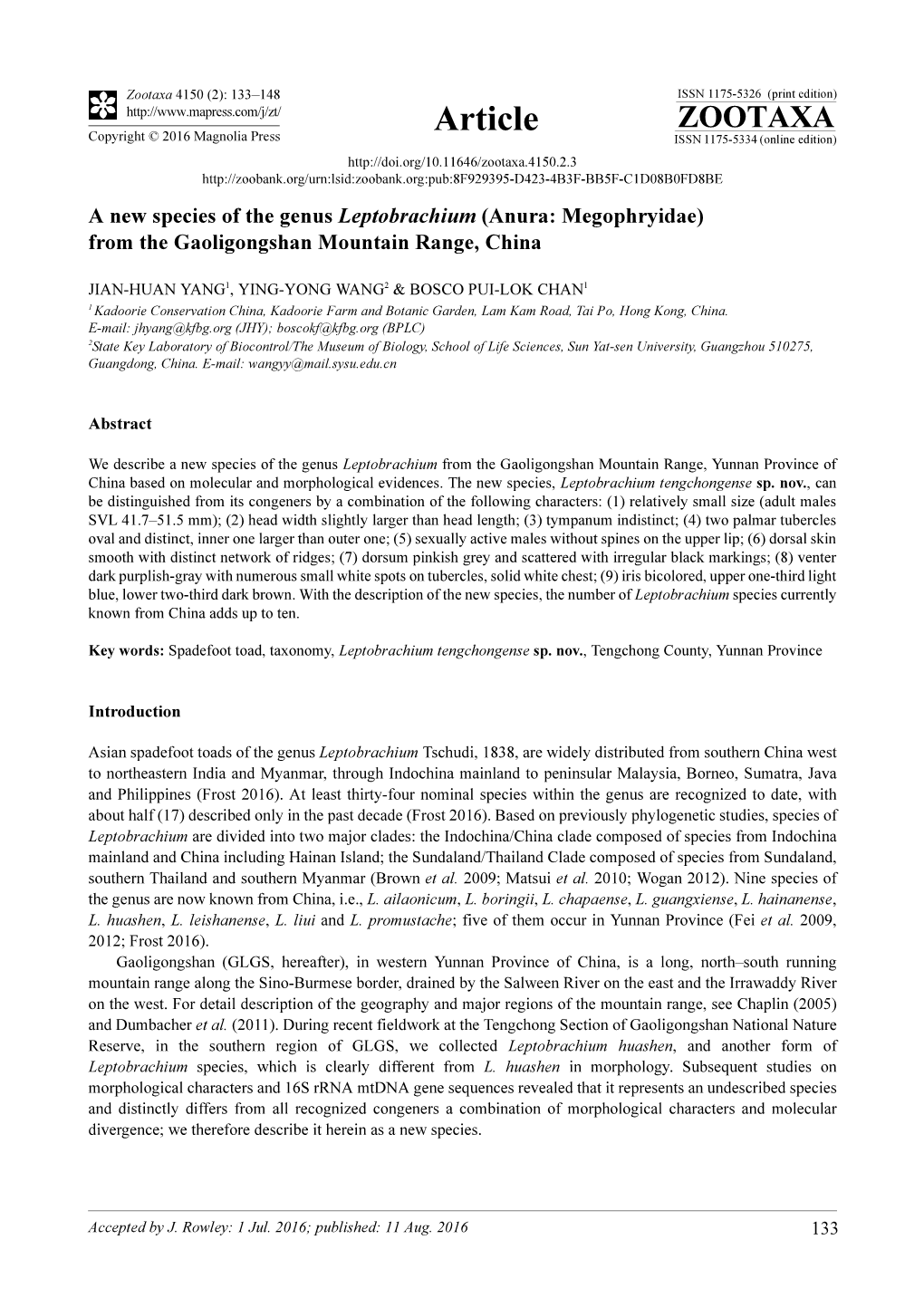 A New Species of the Genus Leptobrachium (Anura: Megophryidae) from the Gaoligongshan Mountain Range, China