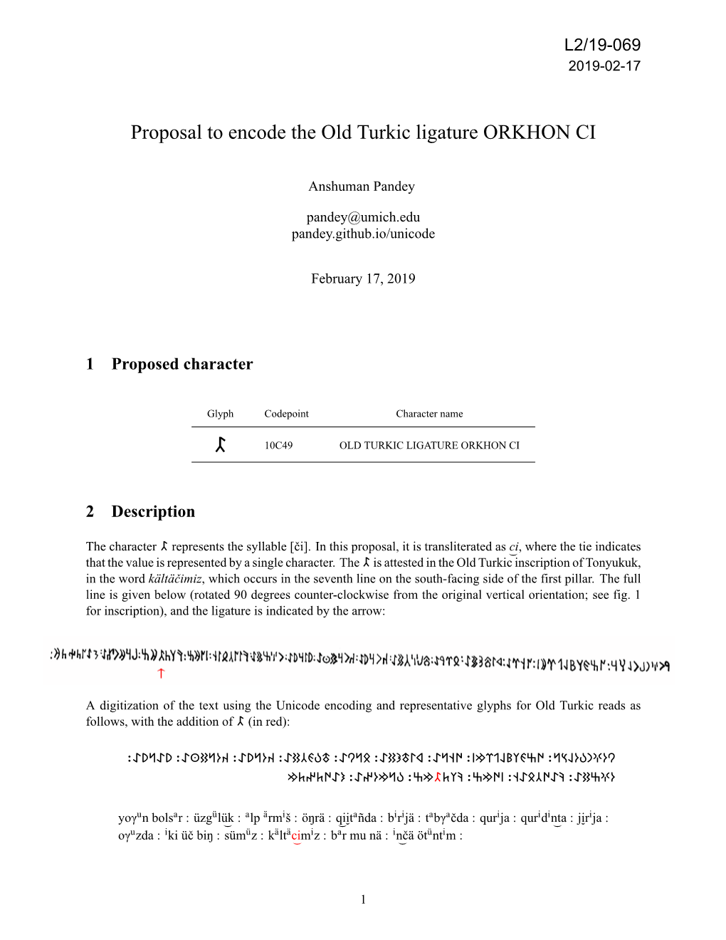 Proposal to Encode the Old Turkic Ligature ORKHON CI