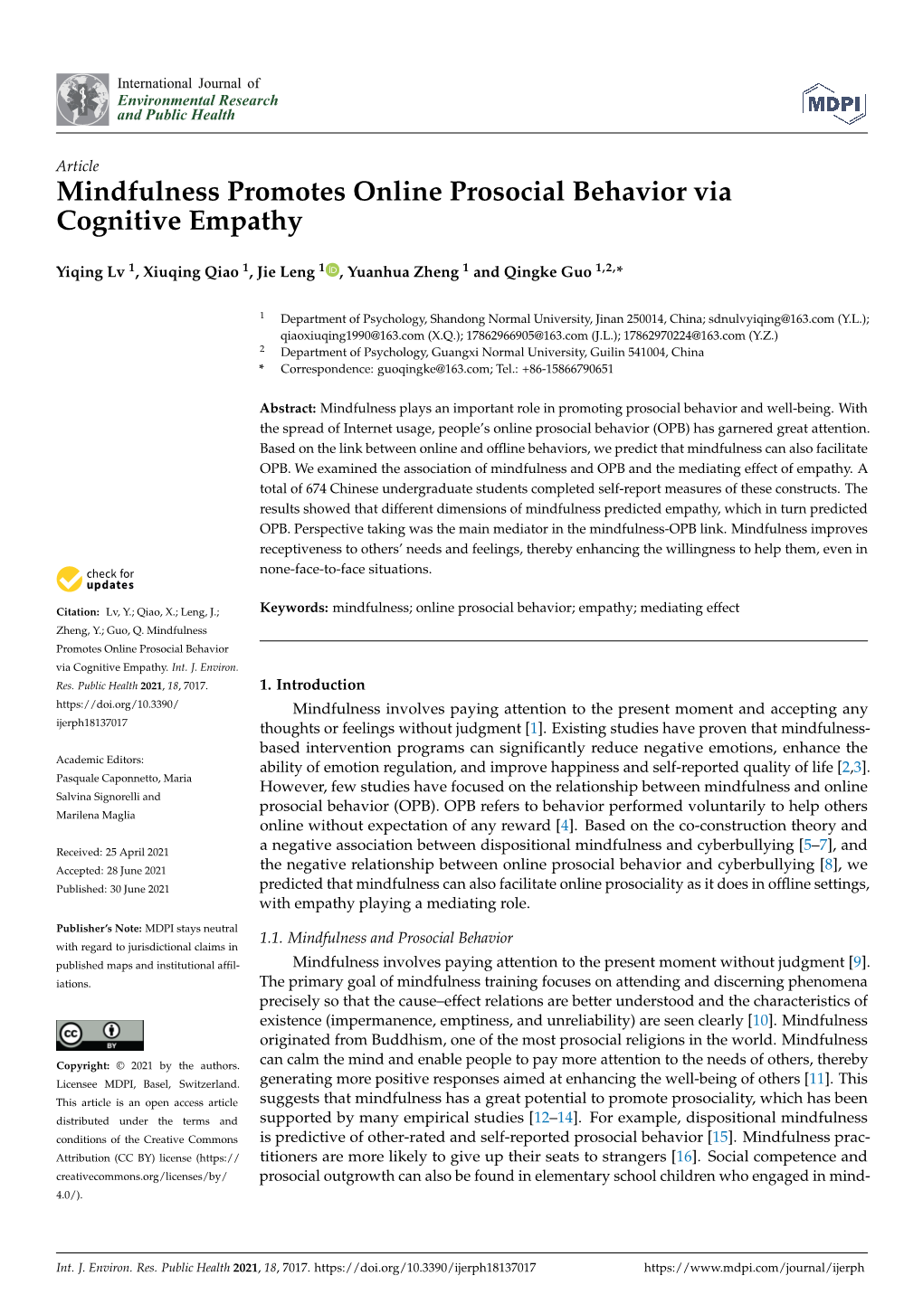 Mindfulness Promotes Online Prosocial Behavior Via Cognitive Empathy