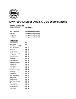 Iowa Federation of Labor, Afl-Cio Endorsements