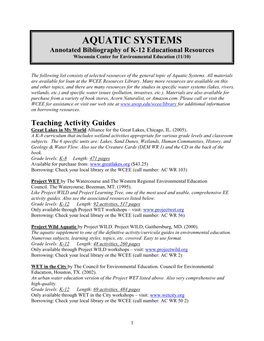 AQUATIC SYSTEMS Annotated Bibliography of K-12 Educational Resources Wisconsin Center for Environmental Education (11/10)