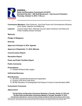 AGENDA - Parks and Recreation Commission # 8-2014 Richland City Hall ~ 505 Swift Boulevard ~ City Council Chambers Thursday, October 9, 2014, 7:00 P.M