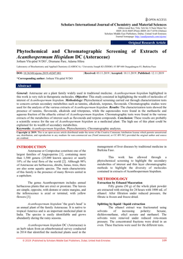 Phytochemical and Chromatographic Screening of Extracts of Acanthospermum Hispidum DC (Asteraceae) Jotham Yhi-Pênê N’DO*, Dramane Pare, Adama Hilou