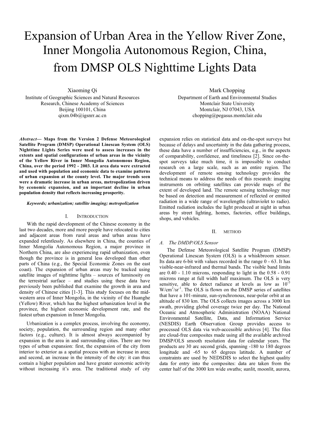 Expansion of Urban Area in the Yellow River Zone, Inner Mongolia Autonomous Region, China, from DMSP OLS Nighttime Lights Data