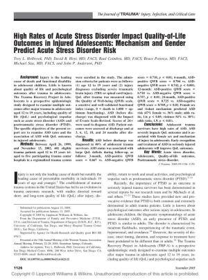 High Rates of Acute Stress Disorder Impact Quality-Of-Life Outcomes in Injured Adolescents: Mechanism and Gender Predict Acute Stress Disorder Risk Troy L