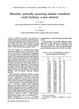 Munirite, Naturally Occurring Sodium Vanadium Oxide Hydrate, a New Mineral