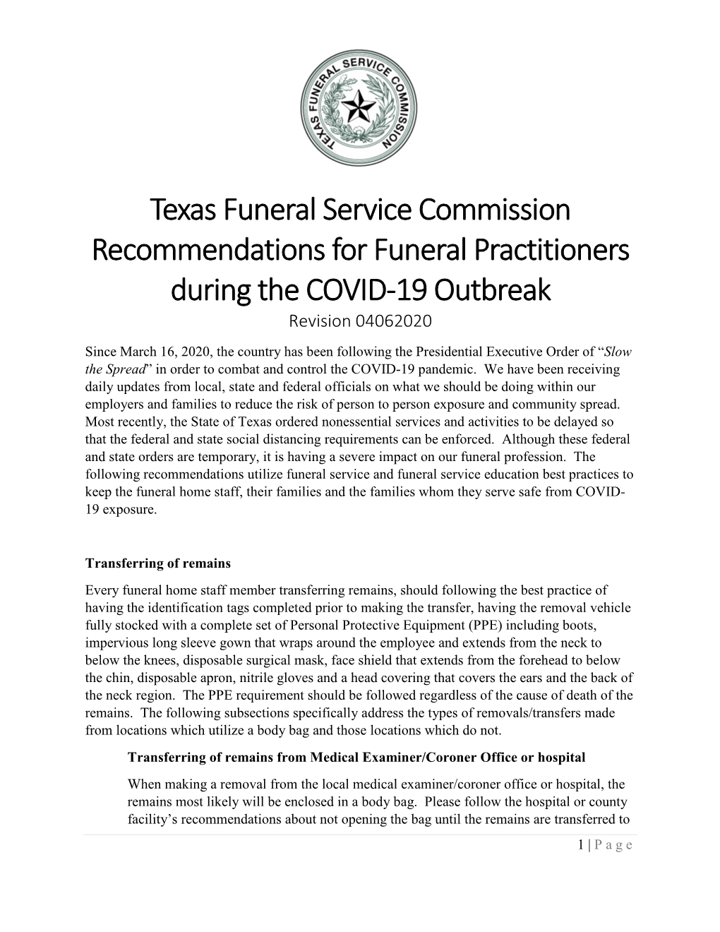 Texas Funeral Service Commission Recommendations for Funeral Practitioners During the COVID-19 Outbreak Revision 04062020