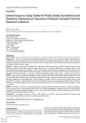 Ethical Issues in Using Twitter for Public Health Surveillance and Research: Developing a Taxonomy of Ethical Concepts from the Research Literature