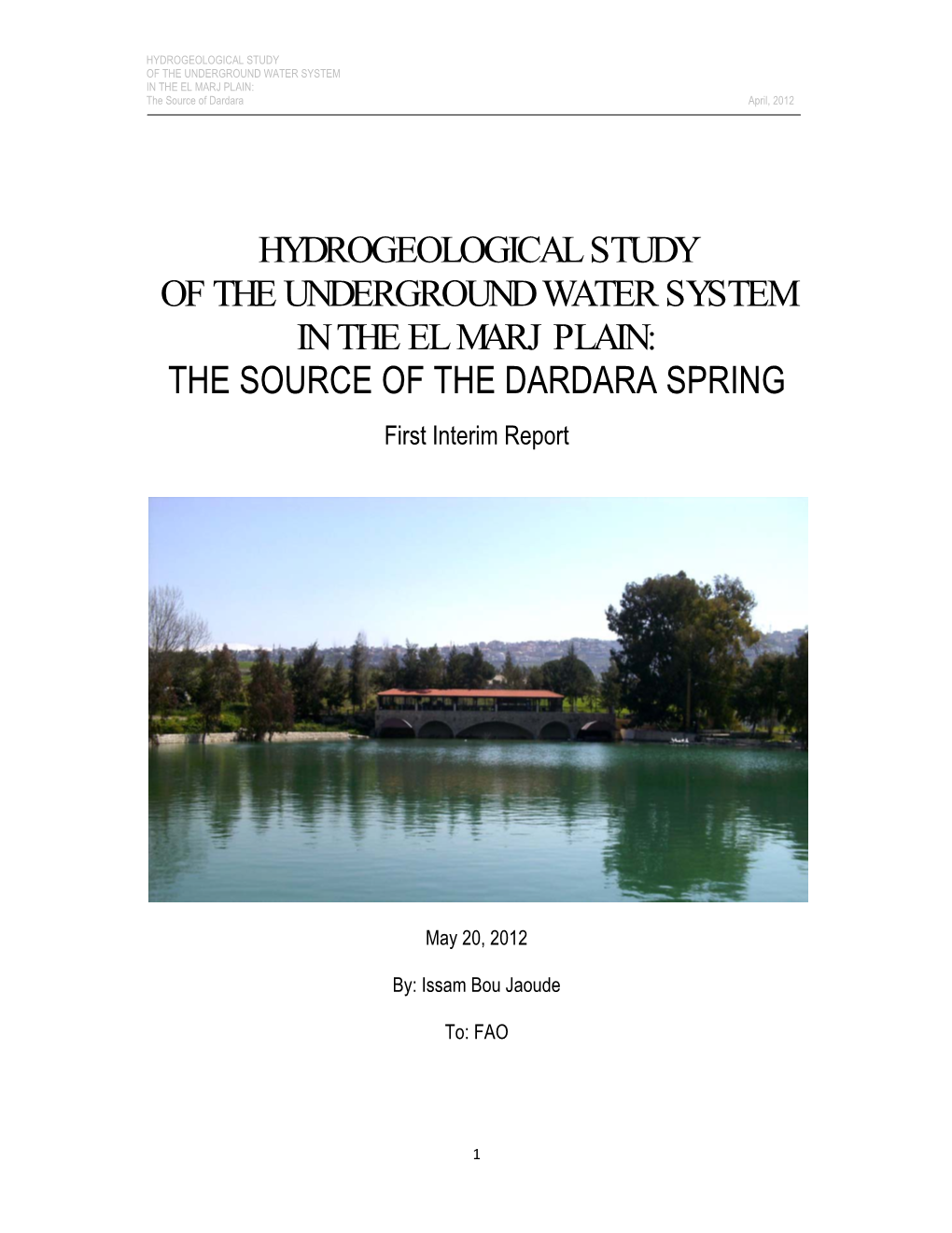 HYDROGEOLOGICAL STUDY of the UNDERGROUND WATER SYSTEM in the EL MARJ PLAIN: the Source of Dardara April, 2012