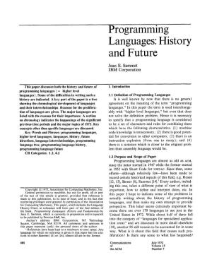 Programming Languages: History and Future