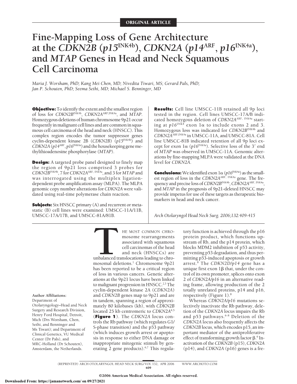 CDKN2A (P14arf, P16ink4a), and MTAP Genes in Head and Neck Squamous Cell Carcinoma