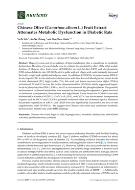 Chinese Olive (Canarium Album L.) Fruit Extract Attenuates Metabolic Dysfunction in Diabetic Rats