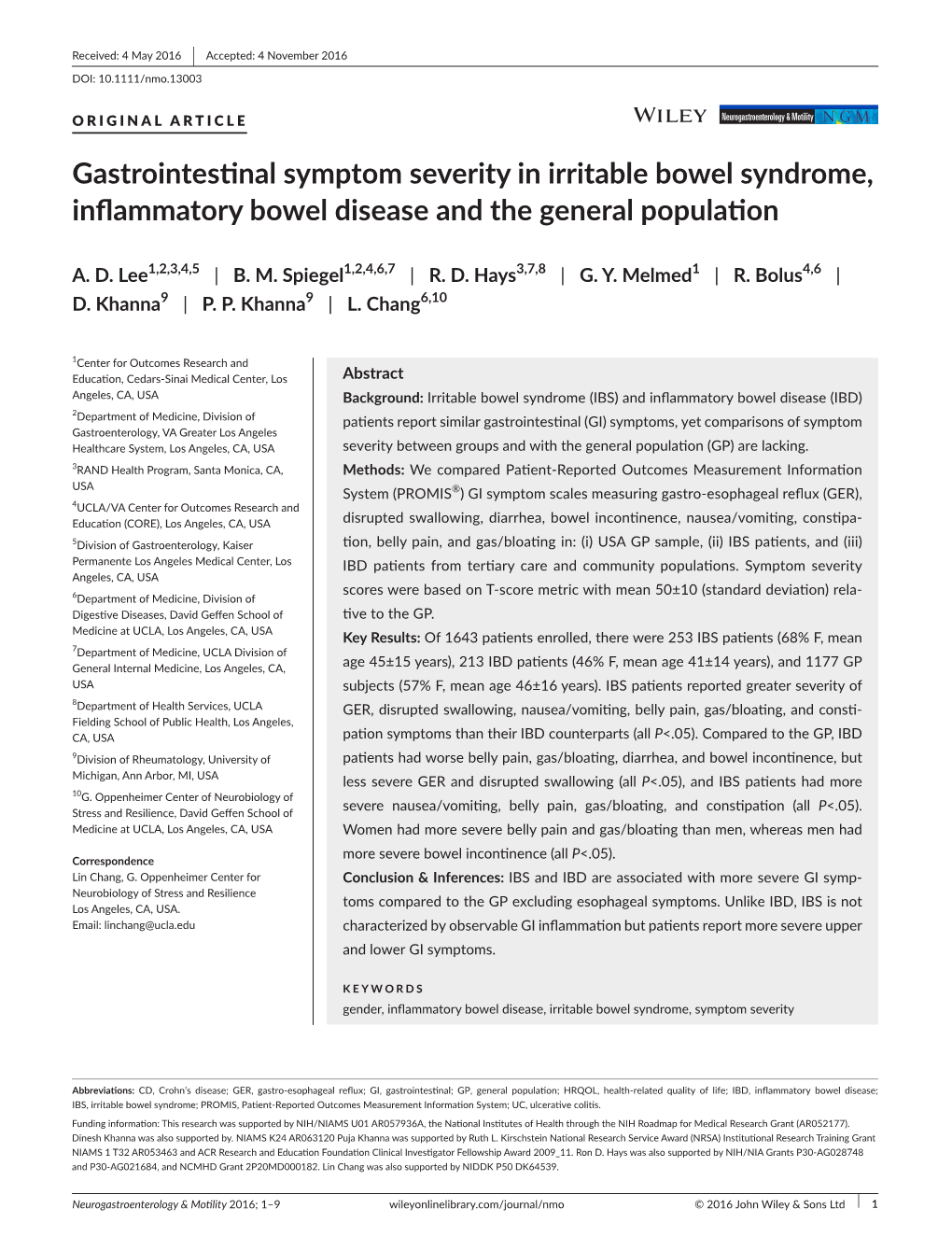 Gastrointestinal Symptom Severity in Irritable Bowel Syndrome, Inflammatory Bowel Disease and the General Population