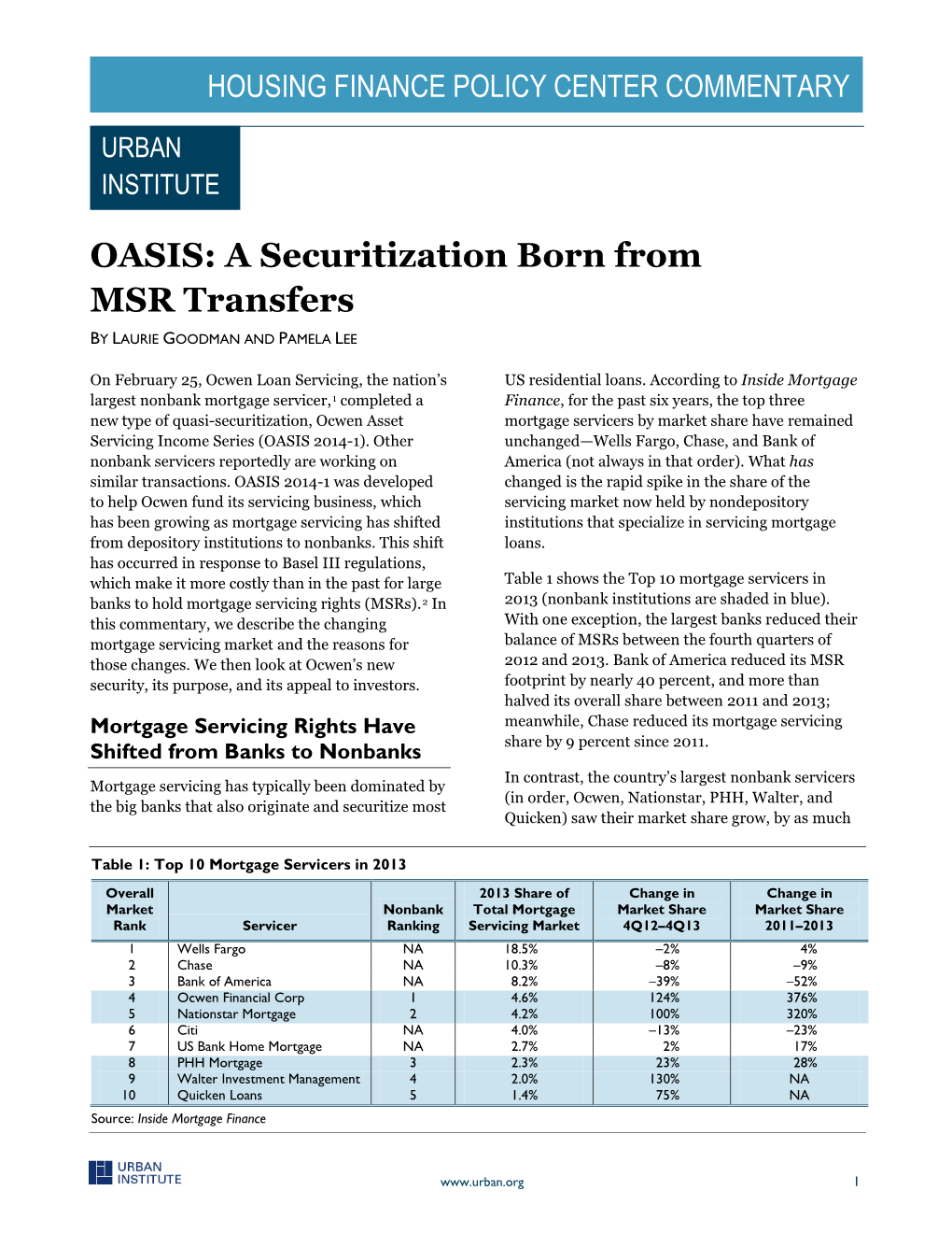 OASIS: a Securitization Born from MSR Transfers by LAURIE GOODMAN and PAMELA LEE