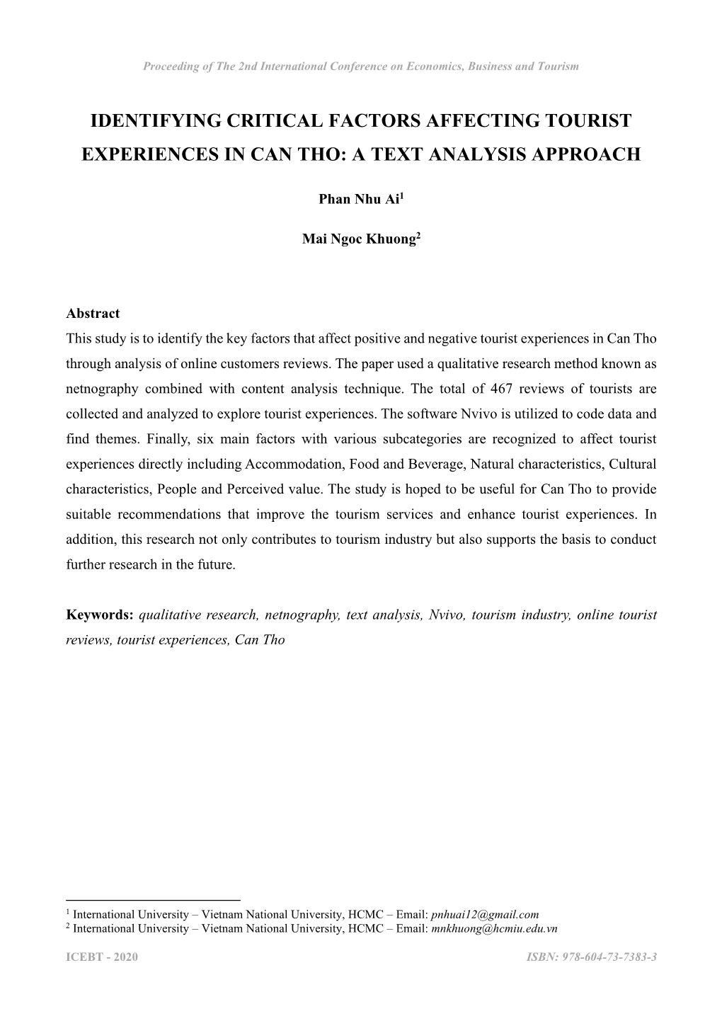 Identifying Critical Factors Affecting Tourist Experiences in Can Tho: a Text Analysis Approach