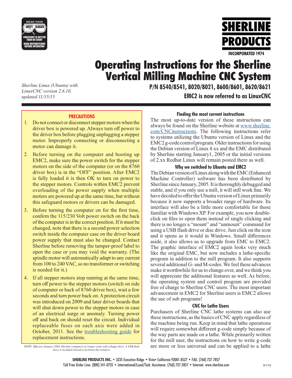 Operating Instructions for the Sherline Vertical Milling Machine CNC System