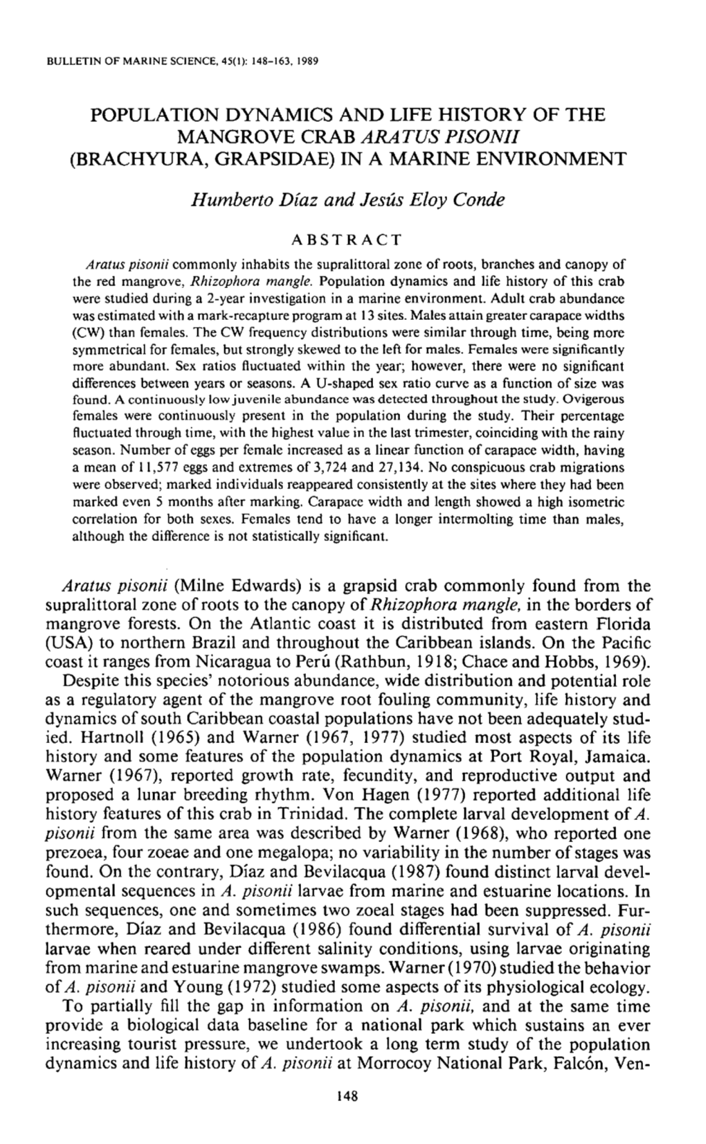 POPULATION DYNAMICS and LIFE HISTORY of the Mangrovecrabaratuspisonll (BRACHYURA, GRAPSIDAE) in a MARINE ENVIRONMENT